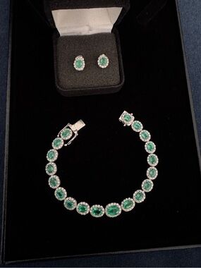 Orianne Emerald and Diamond White Gold Tennis Bracelet and Stud Earrings.